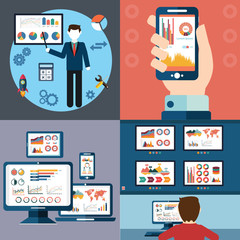 Flat design modern vector illustration icons set of website SEO optimization, programming process and analytics elements. Isolated on stylish colored background