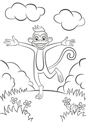 Coloring pages. Little cute monkey running, smiling and hugging in the field. It`s happy.