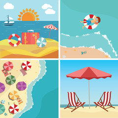 Summer beach in flat design, sea side and beach items, vector illustration