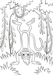 Coloring pages. Little cute monkey is standing udside down and smiling in the forest. Among trees and lianas.