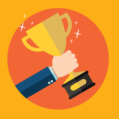 Vector illustration with flat trophy and hand. First place and business aims concept background. Teamwork and company strategy.