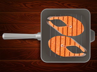 GRILLING PAN SALMON STEAKS THYME WOODEN TABLE