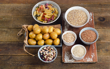 Healthy Food: Best Sources of Carbs on a rustic wooden backgroun