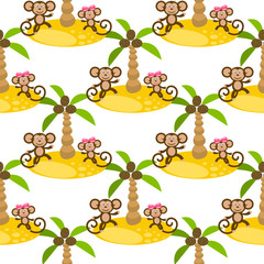 Monkey on island kid seamless vector pattern for textile print. Green happy cartoon jungle ape couple with coconut palm trees. Baby fabric pattern.