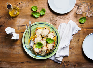 Baked pasta with cheese and lentils. Healthy Italian traditional