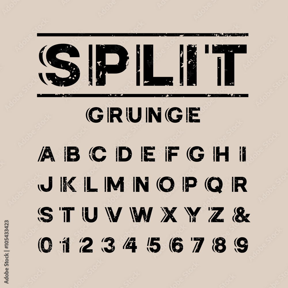 Poster grunge font. vector alphabet with split effect letters and numbe