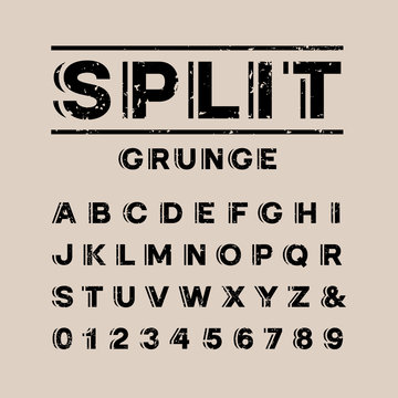 Grunge font. Vector alphabet with split effect letters and numbe