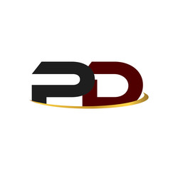 PD alphabet in grey and red with golden curve