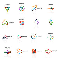 Set of linear arrow abstract logos, connected multicolored segments lines in directional pointer figures