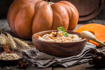 Breakfast oatmeal porridge with pumpkin