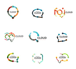 Set of flat linear design speech cloud logos. Talk bubbles, modern geometric industrial thin line icons