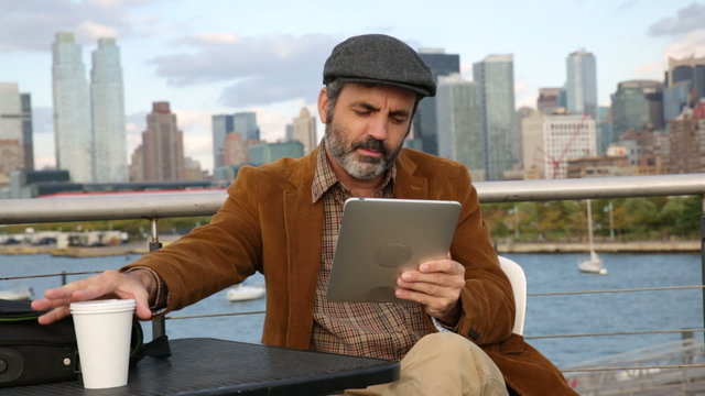 Casual businessman using digital tablet in New York City