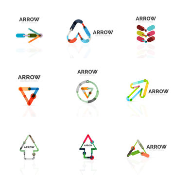 Set of linear arrow abstract logos, connected multicolored segments lines in directional pointer figures