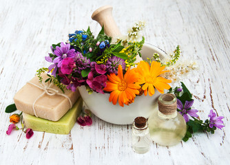 wild flower and herb leaf in mortar