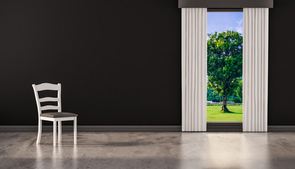 A chair on concrete polished floor with window and a tree natural view on black wall, 3d rendered