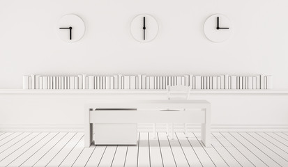 Minimalist working space with three different time zone clocks on wall, 3d rendered