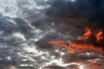 Landscape, Evening Sunset Sky with Dark and Fiery Thunderclouds, Photo