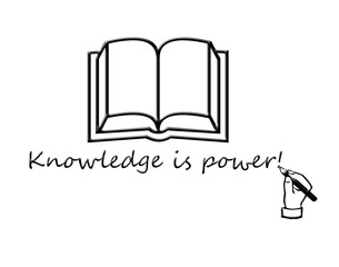 Open book hand with pencil and knowledge is power text.