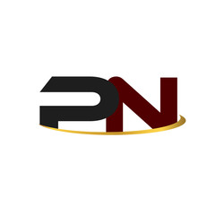 PN alphabet in grey and red with golden curve