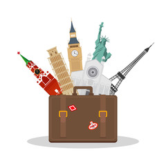 Travel or tourism concept. Tourist attractions or world landmarks in in the tourist suitcase. Vector illustration
