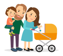 Family with baby in stroller. Mother and father with baby stroller. Vector illustration