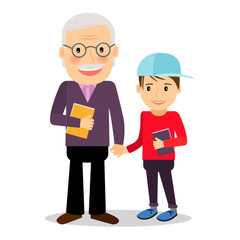 Grandfather and grandson reading books. Grandfather and his grandson standing and holding hands. Happy family time together vector illustration