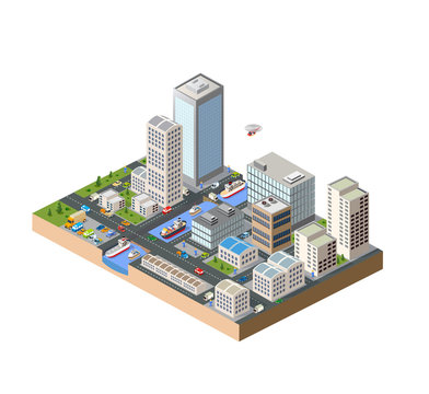 Isometric in a big city with streets, skyscrapers, cars and trees.