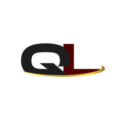QL alphabet in grey and red with golden curve
