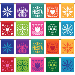 Mexican paper fiesta party bunting bright colors vector clipart set isolated on white
