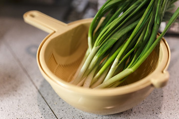 Fresh green onions in a bowl