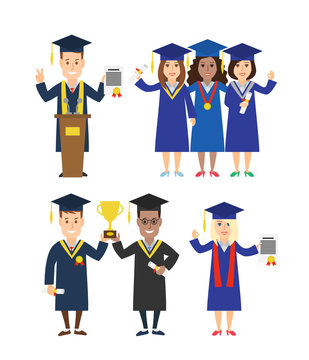 graduation people students set.student at the podium with certificate,graduate girls in graduation caps.students with trophy cup.graduate girl with certificate diploma isolated on white background