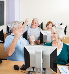 Obraz premium Senior People Cheering In Computer Class