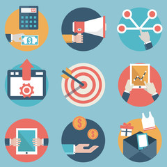 Flat set of modern vector icons and symbols on business management or analytics and e-commerce theme - part 2