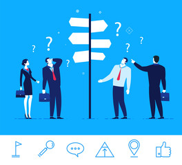 Vector business concept  illustration. Businessmen and businesswomen standing at a crossroads.