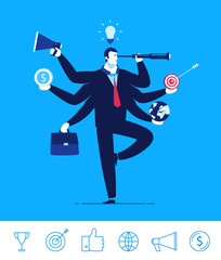 Vector business concept  illustration. Businessman with six hands holding objects multitasking and multi skill