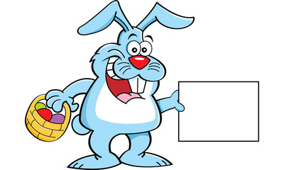 Cartoon illustration of a rabbit holding a basket and a sign