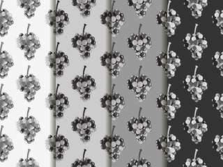 Bunch of grapes. Set of seamless patterns. Wallpapers with grapes. Black and white illustration.