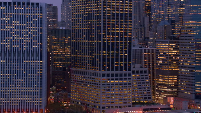 Manhattan at dusk, closeup aerial shot