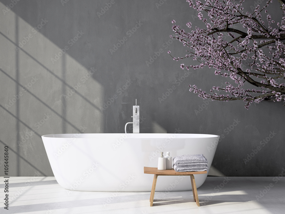 Wall mural modern grey bathroom with bathtub. 3d rendering