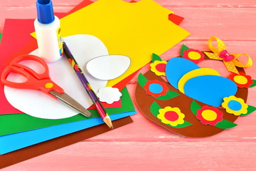 Easter basket with eggs, set for children creativity