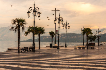 Beautiful morning on Lake Garda. Italy. Promenade in Lazise.