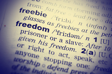 Close up of English dictionary page with word freedom