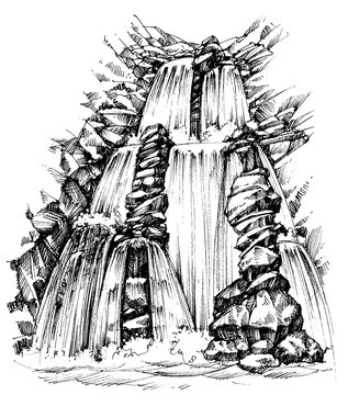 Waterfall drawing, etch style