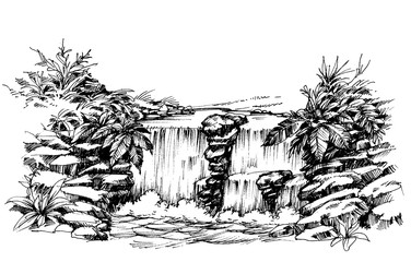 Fototapeta premium Waterfall drawing, flowing river sketch