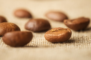 Coffee beans on canvas background