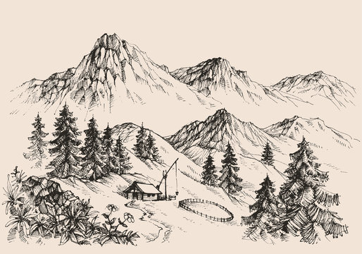 Mountains landscape and a sheepfold a farm sketch