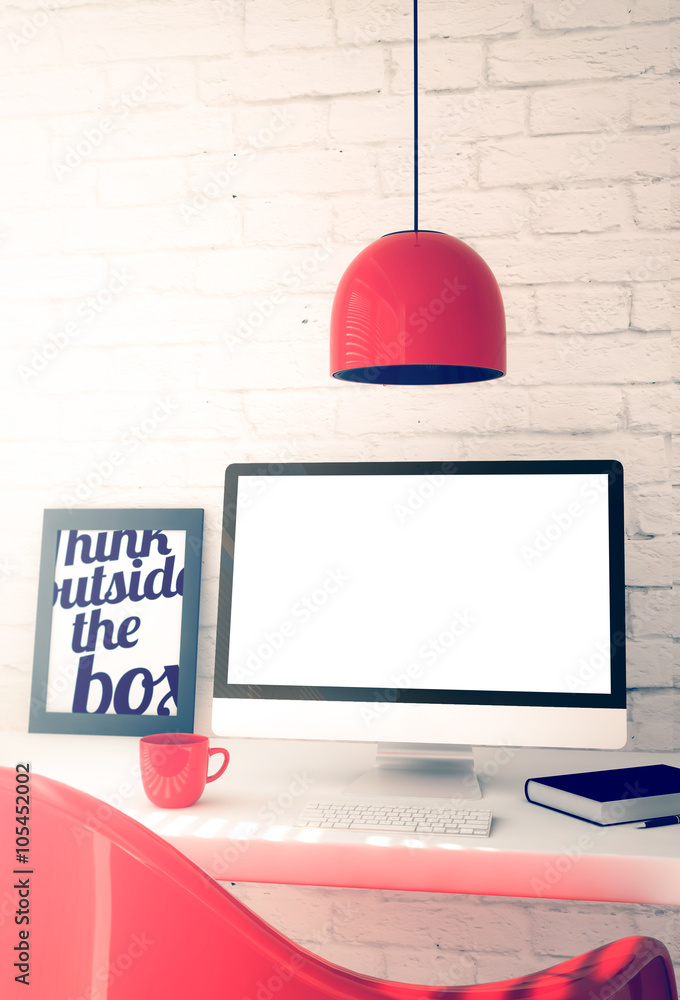 Poster red workspace with blank screen computer