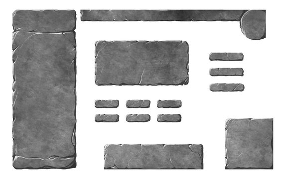 Realistic stone textured Fantasy or historical game interface elements. Buttons, windows and panels