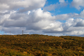 autumn landscape with colorful forest, blue sky and clouds