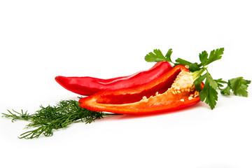 pepper and parsley on a white background